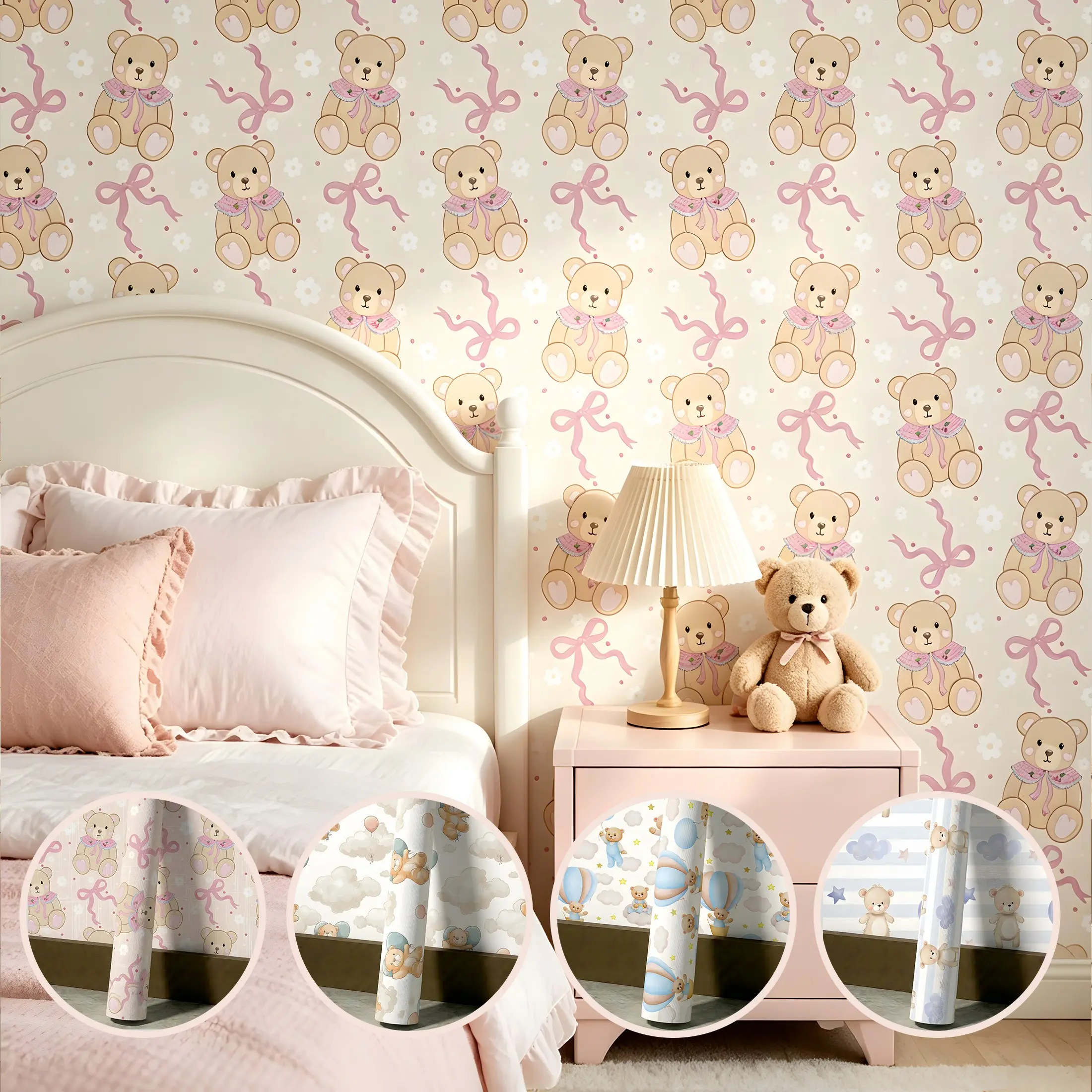 1 Roll 44.5cm/17.5in Wide Cartoon Teddy Bear Peel and Stick Wallpaper, Cute Nursery Kids Bedroom Wall Decals, Waterproof Removable Easy Cut Self-Adhesive Wall Sticker for Kindergarten Furniture Wall Decoration