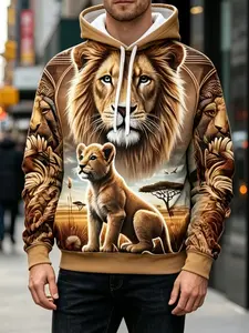 Grassland Lion Cub Drawstring Hoodie, Full Body 3D Digital Print, Trendy Men's Hooded Sweatshirt, Spring & Fall Casual Top