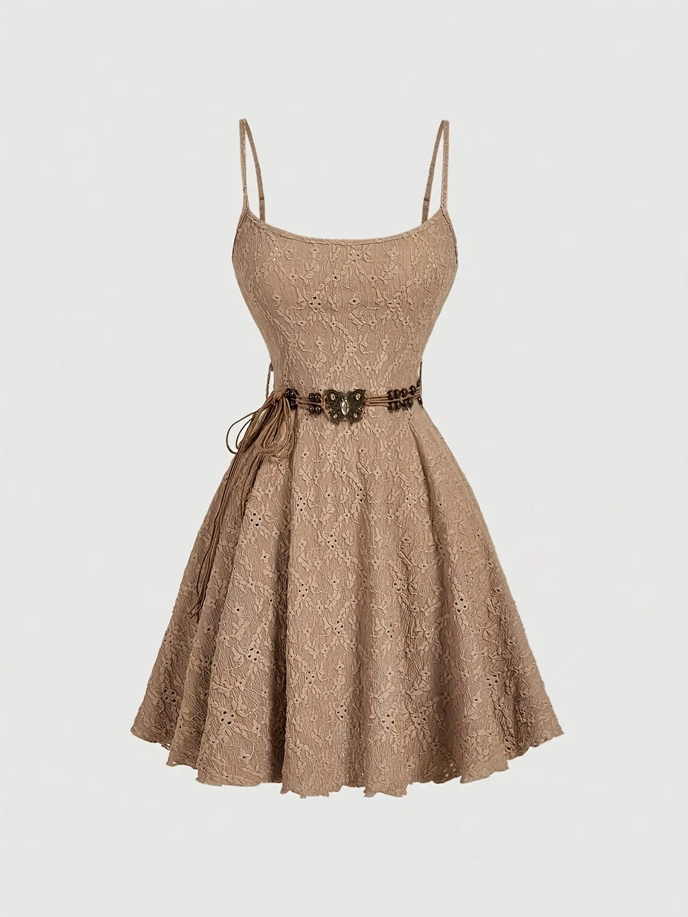 Elegant Lightweight Summer Vacation Dress with Belt, Bohemian Boho Floral Lace Western Style, Solid Thanksgiving for Casual & Workwear