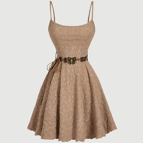 Elegant Summer Vacation Dress with Belt, Bohemian Style Eyelet Embroidery Cami Dress, Casual Solid Color Dress for Office & Daily Wear, Belted Dress