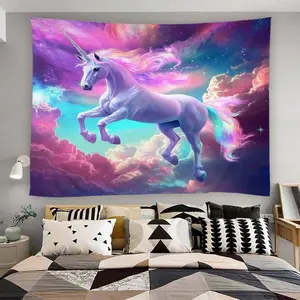 1pc 2D Flat Fantasy Unicorn Tapestry |   Colorful Ethereal Unicorn In Dreamy Cosmic Landscape, Polyester Fabric Wall Ging For Bedroom And Living Room Decor
