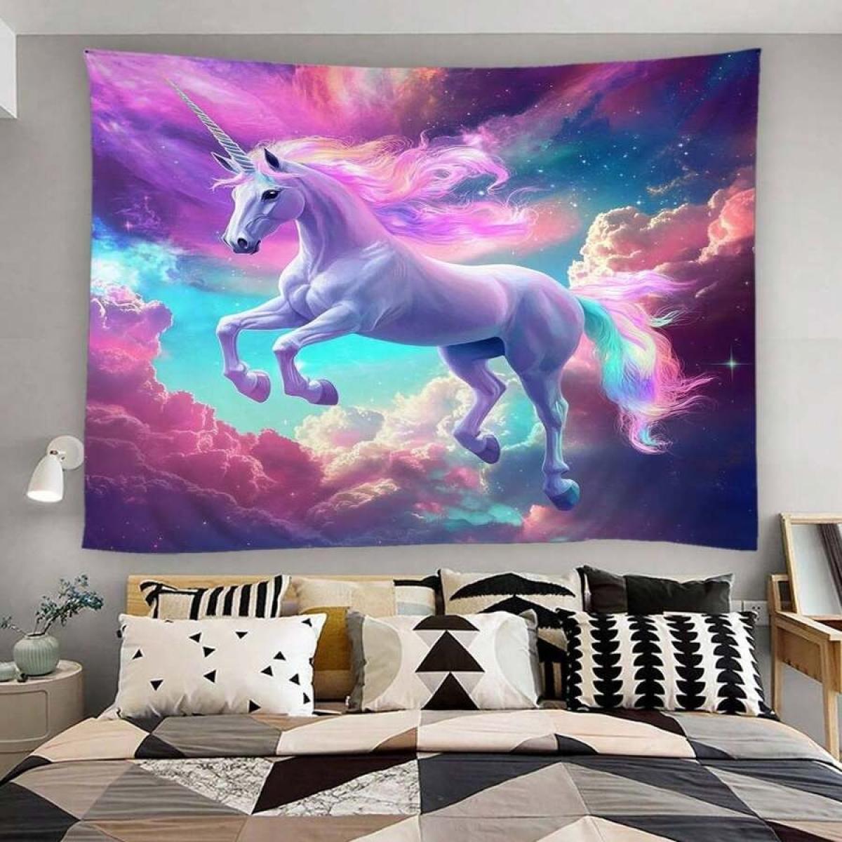 1pc 2D Flat Fantasy Unicorn Tapestry |   Colorful Ethereal Unicorn In Dreamy Cosmic Landscape, Polyester Fabric Wall Ging For Bedroom And Living Room Decor