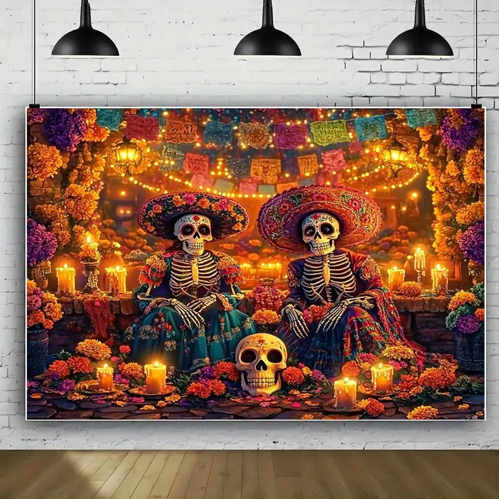 2D Flat Banner Day of the Dead themed polyester photography backdrop, HD digitally printed skull and marigold flower pattern background cloth, soft lightweight and foldable, suitable for party events, portrait photos, product phot