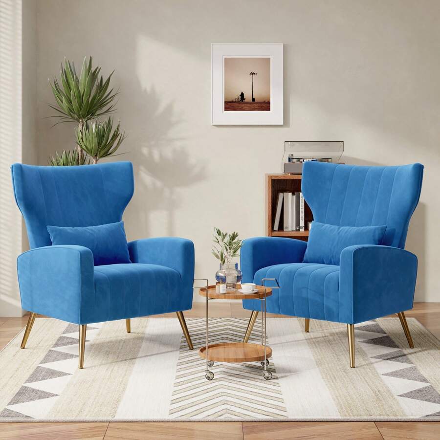 Mid Century Modern Velvet Accent Chair, Comfy Upholstered Reading Armchair with Metal Legs & Spring Cushion Support, for Living Room Bedroom