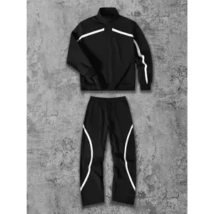 Men's 2 Piece Tracksuit Set Half Zip Pullover Sweatshirt and Baggy Sweatpants Y2K Streetwear Casual Athletic Outfit Decorative Printed White Lines Sportswear Jogging Suit Activewear Matching Lounge Set Black