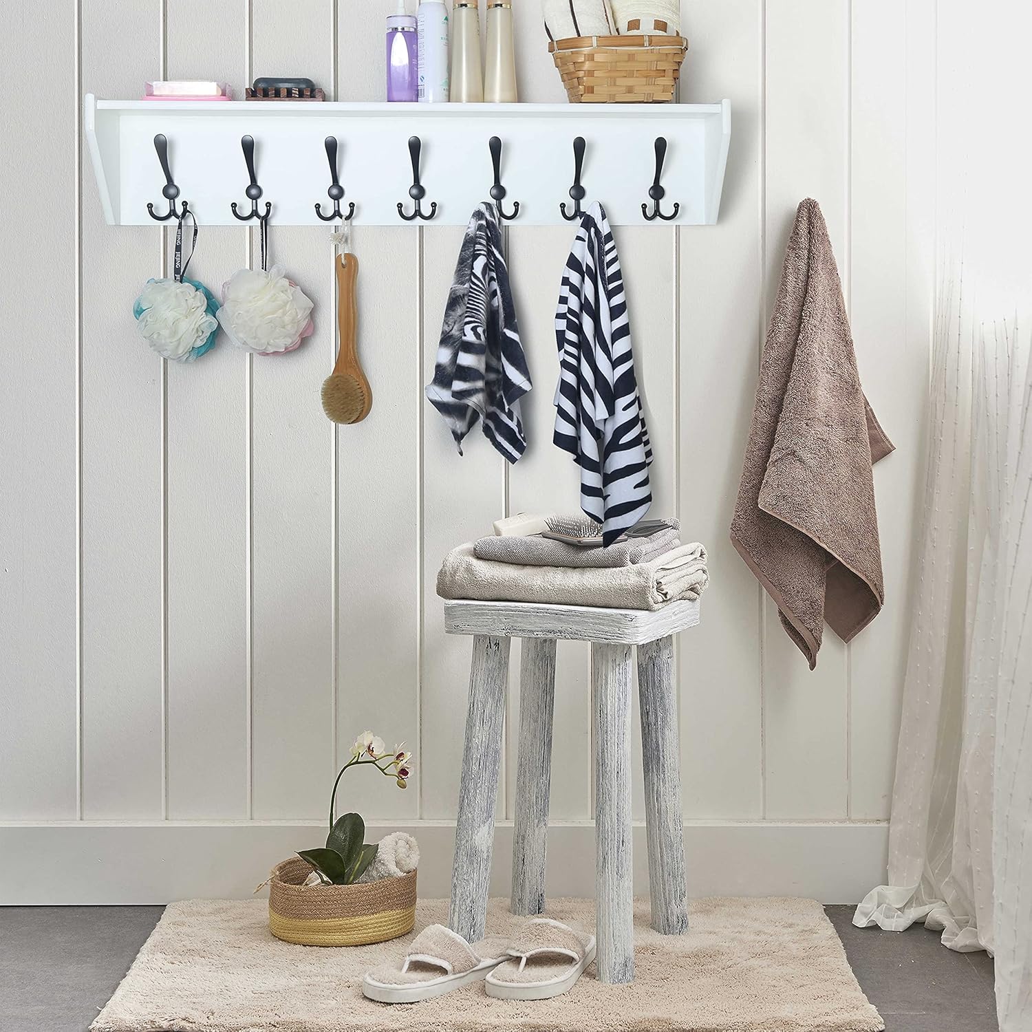 Coat Rack Wall Mount with Shelf,35" Long White Shelf with Hooks Underneath,7 Triple Hooks,Key Rack for Wall,Entryway Shelves for Wall