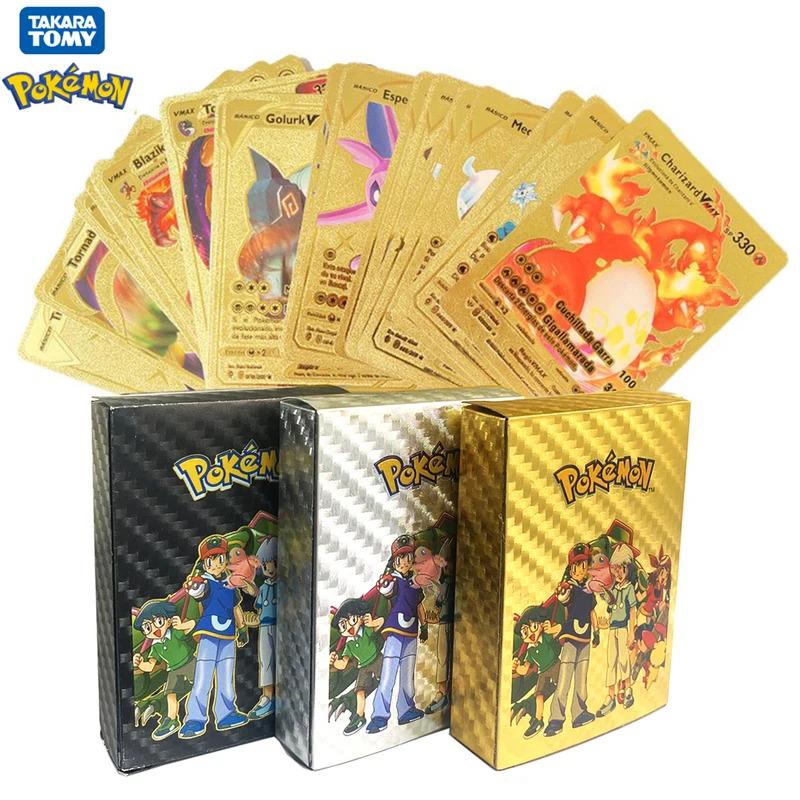 55PCS Pokemon Cards Gold Black Vmax GX Spanish English Charizard Card Box Mewtwo Rare Collection Battle Trainer Charizard Arceus Colour Pokemon Pikachu Card Children Toys Gifts