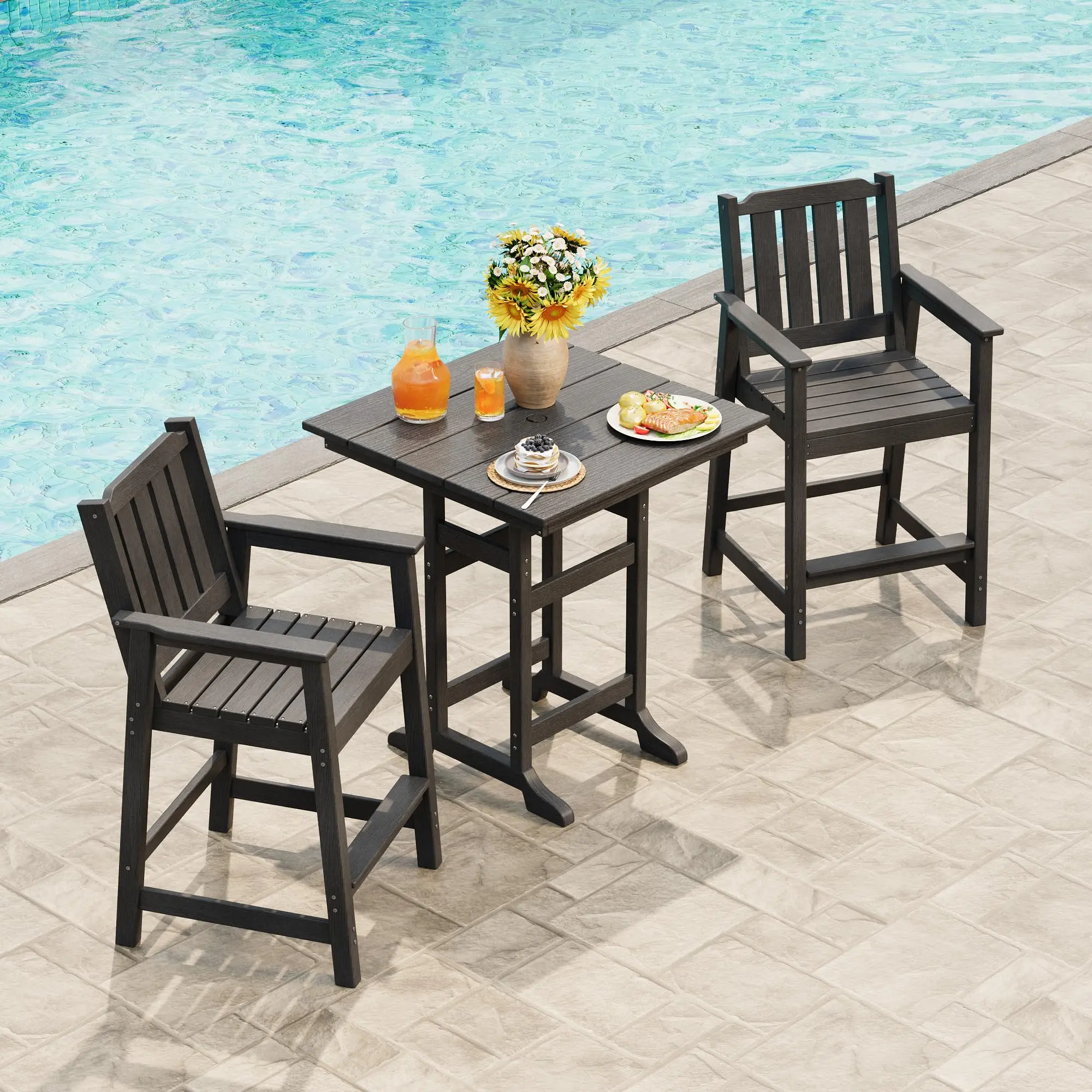 3-Piece HDPE Outdoor Bar Set – 39.6" Pub Table with Umbrella Hole & 2 Counter Height Chairs, Weatherproof Patio Furniture for Backyard, Balcony & Bistro