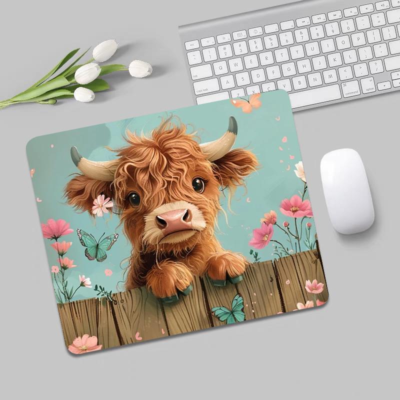 Cute Cartoon Cow & Flower Pattern Mouse Pad, Rectangle Gaming Mouse Pad, Non-slip Rubber Base Mouse Pad, for Home Office Desk Decorative