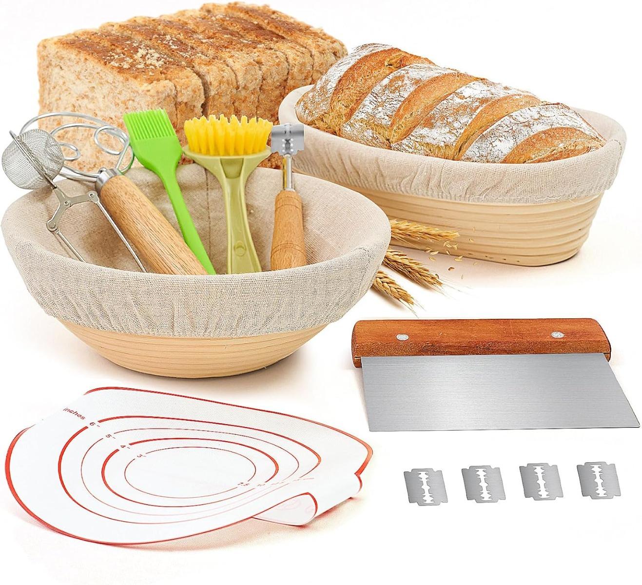 Christmas Gift Banneton Proofing Basket Set, 10 Inch Oval & 9 Inch Round Sourdough Bread Proofing Basket with Sourdough Bread Baking Supplies, Bread Making Kit 8 PCS
