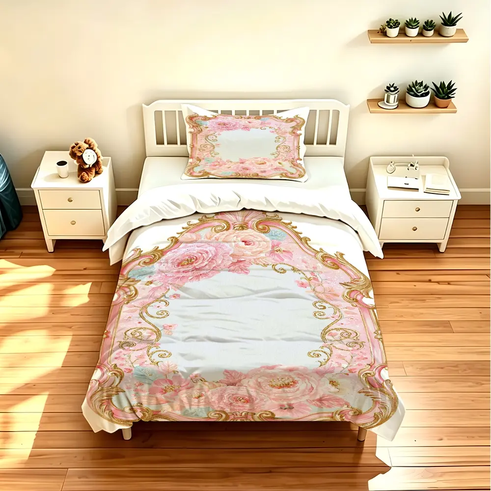 3pcs duvet cover set (1 duvet cover + 2 pillowcases) - Vintage Pink Rococo Floral Bedding Set, HD Digital Printed, Fade Resistant, Soft Comfortable Breathable Polyester Duvet Cover, Suitable for Dorm Bedroom Hotel, All Season Home Decor, (Excluding