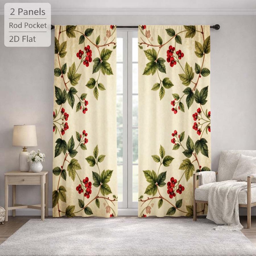 2Pcs Vintage Botanical Berry Leaf Pattern Sun Blocking Curtains Digital Printed Rod Pocket for Bedroom Office Kitchen Living Room Study Home Decor Multiple Sizes Soft Light Filter Easy Installation