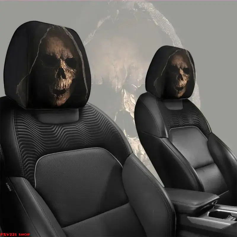 2-Piece Dark-Style Skull Pattern Car Headrest Cover Set – Universally fits most vehicle models; features a cool skull print and double-sided 2D design. This car headrest protector makes an excellent gift for a father or boyfriend. sohochic
