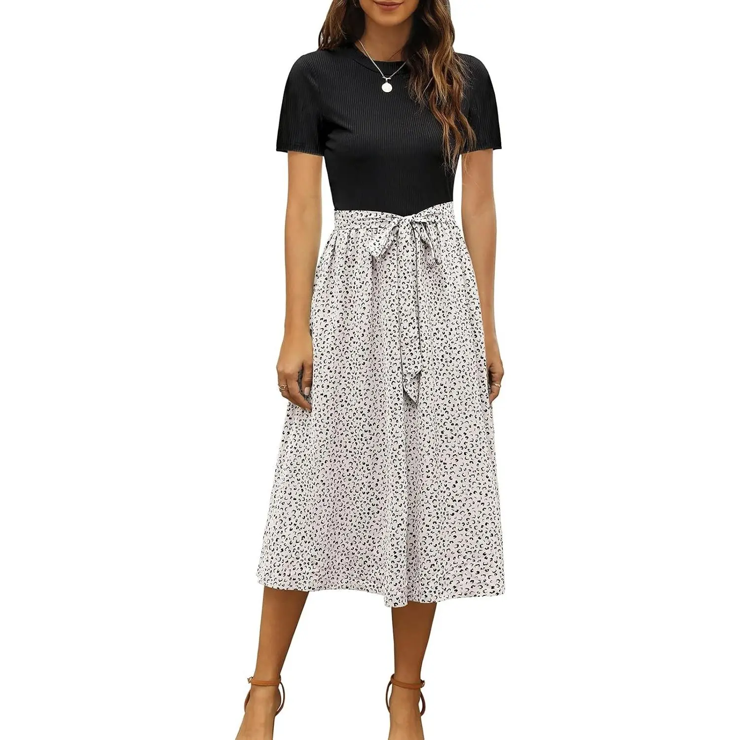 Women 2026 Summer Dress Short Sleeve Ribbed Teacher Church Modest Business Casual Work Outfits Midi Dress
