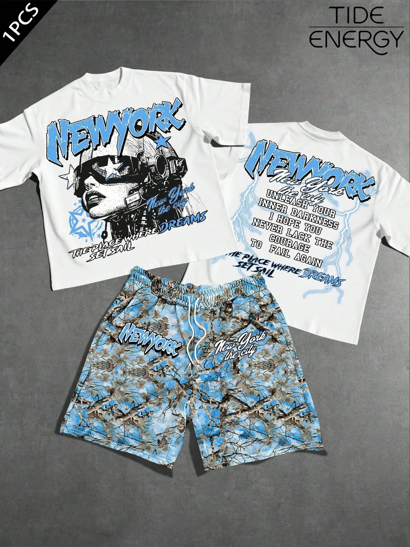 Vintage Y2K American Graffiti Graphic Letter Set, Loose Fit Sweatshirt & Camo Shorts, Casual Streetwear for Daily Wear, Nightlife, Commuting