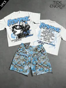 Vintage Y2K American Graffiti Letter Set, Loose Fit Sweatshirt & Camo Shorts, Casual Streetwear for Daily Wear, Nightlife, Commuting