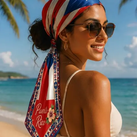 Puerto Rico Flag Scarf Head Wrap, Vintage Floral Border Design, Cultural Pride Shawl Wrap, All Seasons Fashion Accessory, Heritage Festival Wear