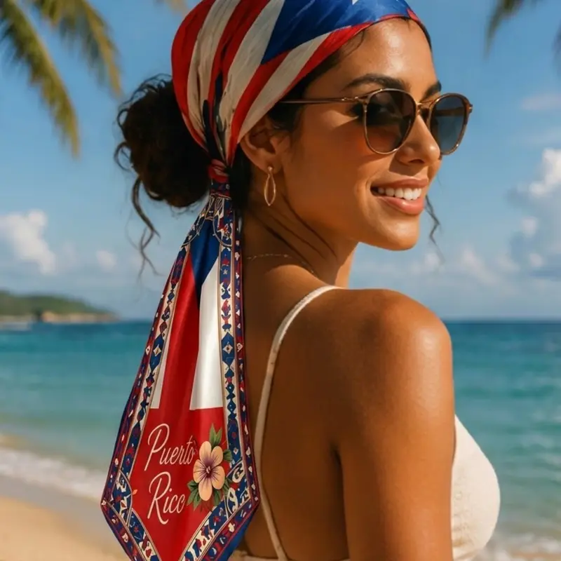 Puerto Rico Flag Scarf Head Wrap, Vintage Floral Border Design, Cultural Pride Shawl Wrap, All Seasons Fashion Accessory, Heritage Festival Wear