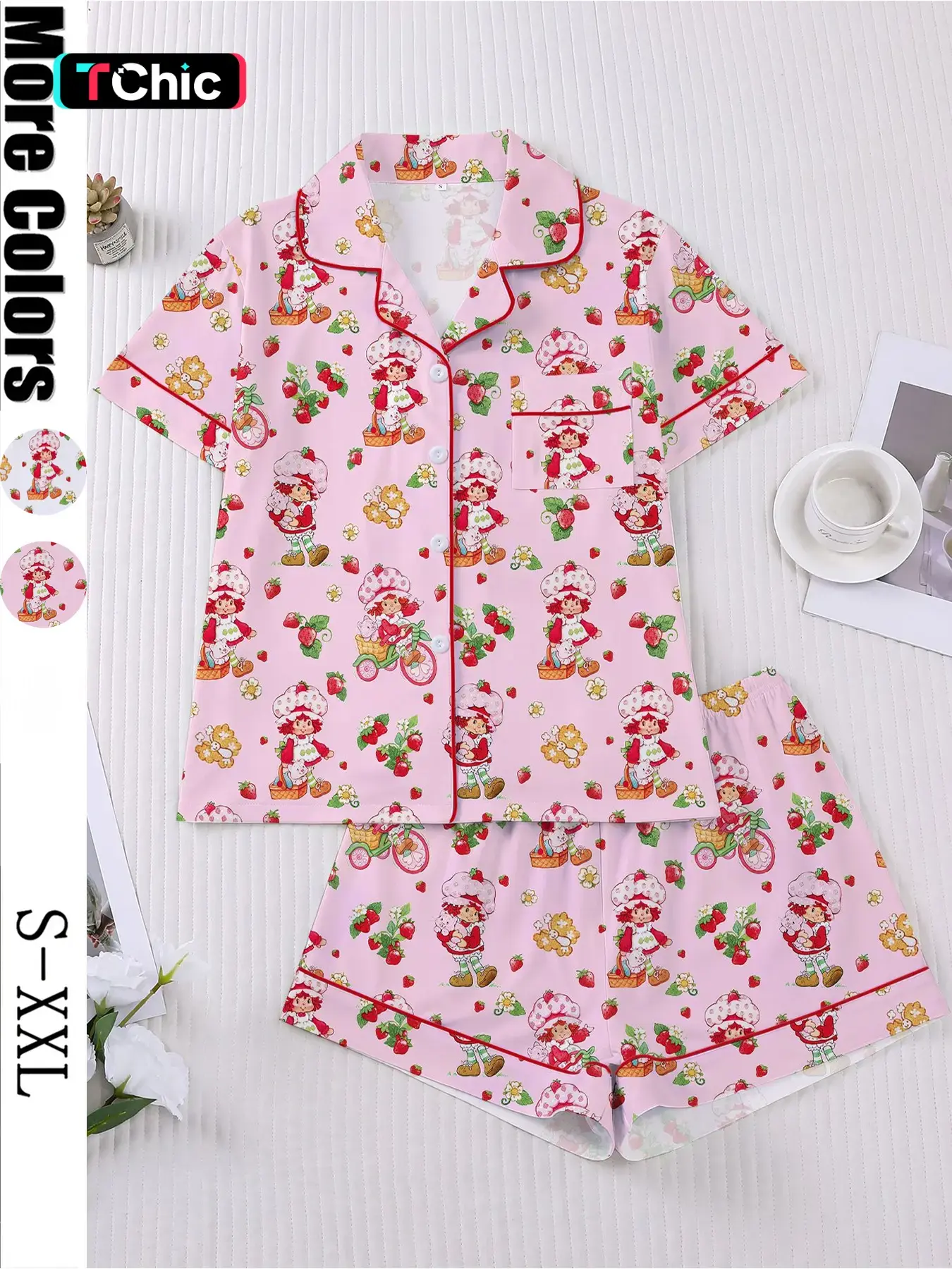 Women's Strawberry Cartoon Print Sleepwear Loungewear Pajama Set, Short Sleeve Button-Up Top & Elastic Shorts, Casual Home Wear for Daily Use