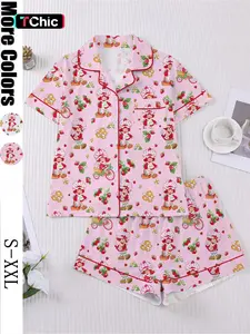 Women's Strawberry Cartoon Print Sleepwear Loungewear Pajama Set, Short Sleeve Button-Up Top & Elastic Shorts, Casual Home Wear for Daily Use
