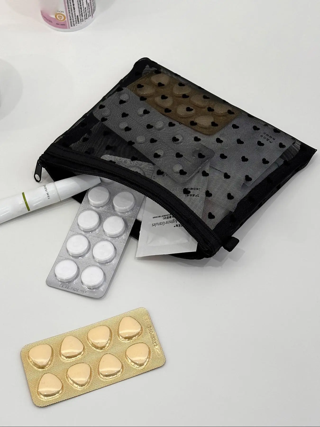 New Mini Heart Mesh Makeup Bag, Portable Velour Pouch, Multi-Functional Transparent Cosmetic Bag, All Seasons Casual Style