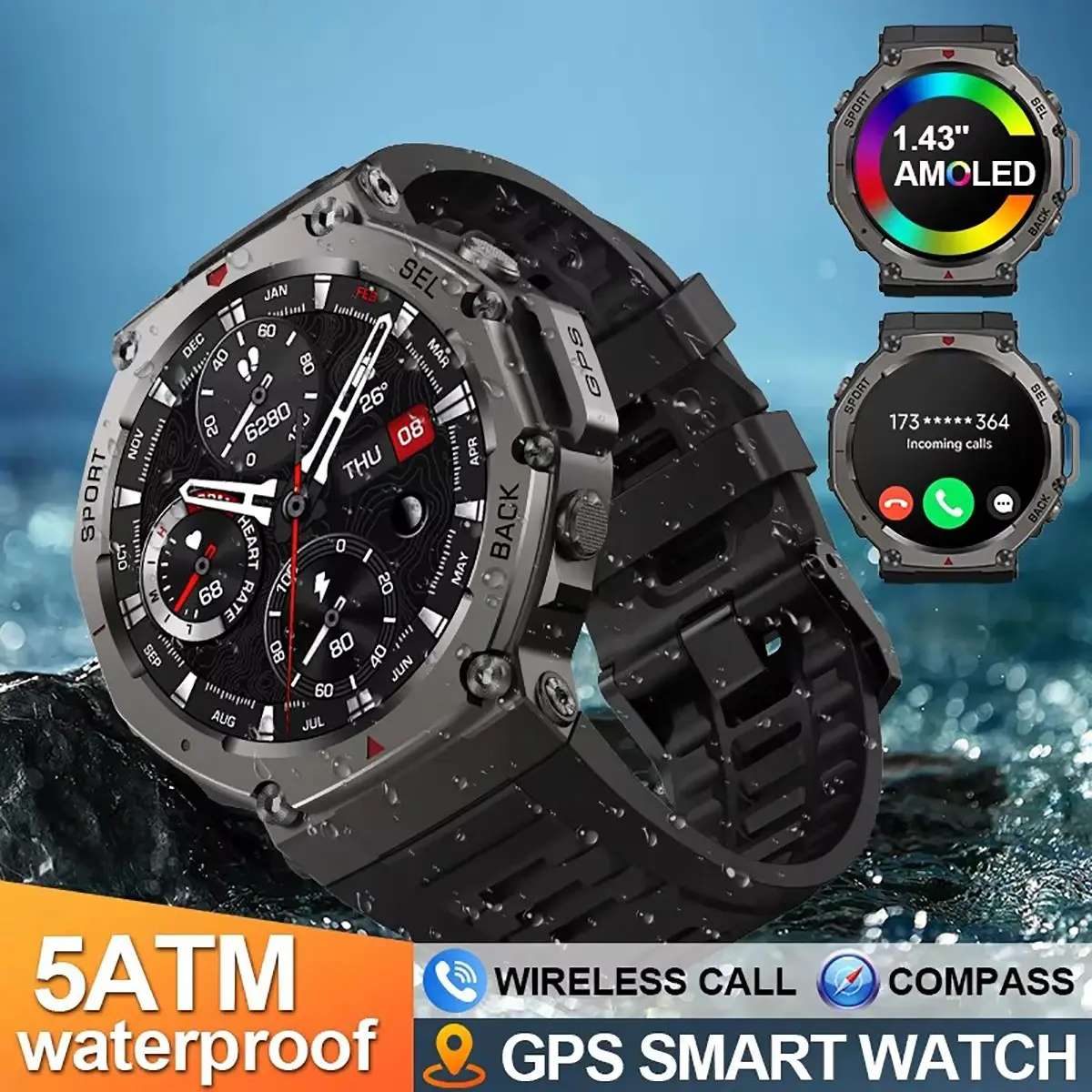 GPS Smart Watch Amoled 5atm Waterproof, Ultimate Outdoor Smartwatch, Dual-Band Gnss Compass, Military Sport Fitness, Bluetooth-compatible Connectivity, iOS & Android Compatible