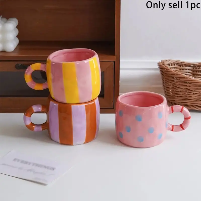 Elegant Striped Polka Dot Ceramic Mug, Hand-Painted Coffee Cup, Reusable Breakfast Tea Cup, Home Decor Gift, Daily Use