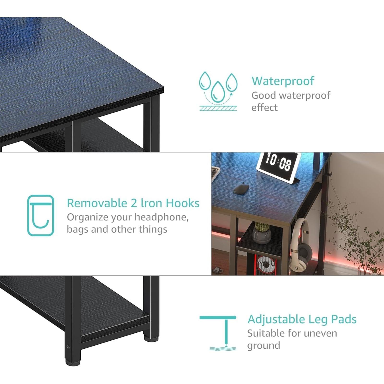 Lufeiya Gaming Desks with Led Lights and Power Outlets, 55 Inch Computer Desk with File Drawers Cabinet, Home Office Desk with Shelves Monitor Stand, Black, Get Free Gift