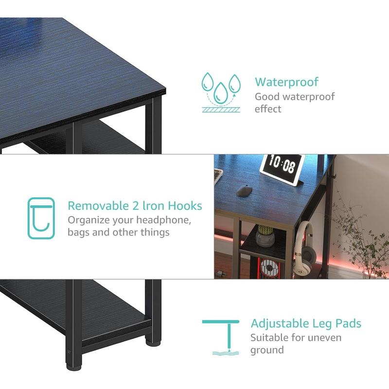 Lufeiya Gaming Desks with Led Lights and Power Outlets, 55 Inch Computer Desk with File Drawers Cabinet, Home Office Desk with Shelves Monitor Stand, Black, Get Free Gift