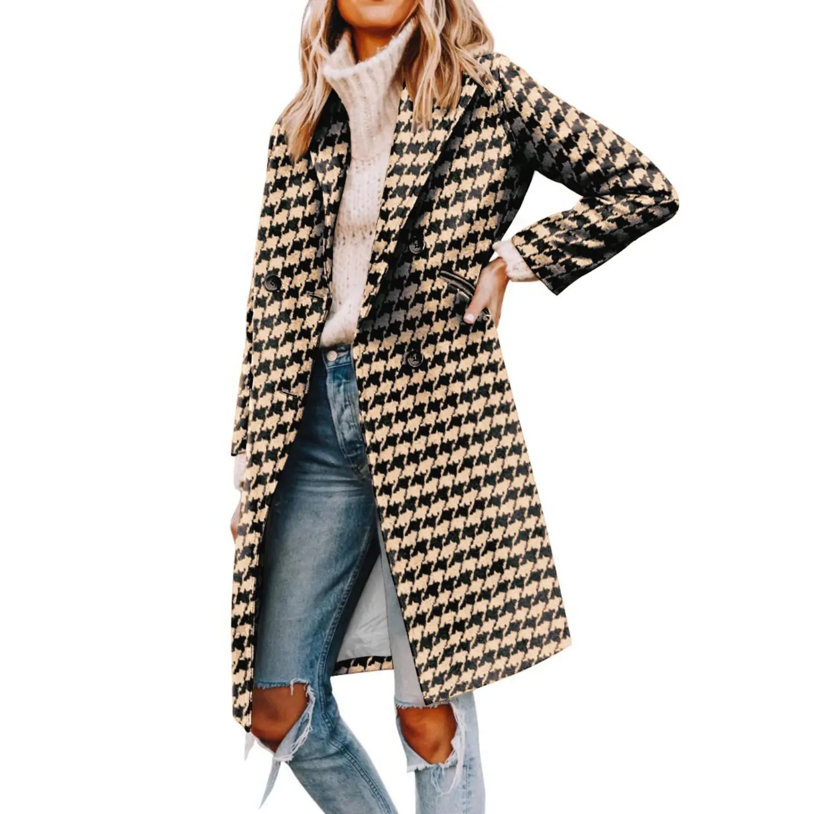 Yousify Women's Elegant Double-Breasted Pea Coat in a Solid Wool Blend, Long Winter Style with Notched Lapel and Pockets for Holiday Wear, Basics, Elastane, New Year, V-Neck, Halloween, Lightweight, Pull On, Rayon