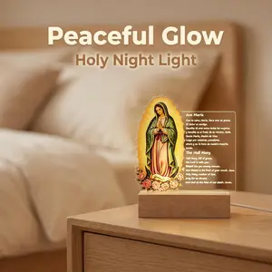 Wooden Our Lady of Guadalupe Acrylic LED Decor Lamp - Colorful Wood Print, Bilingual Hail Mary Prayer, Soft Warm Glow, Religious Home Decor, Mother’s Day Gift for Bedroom Altar
