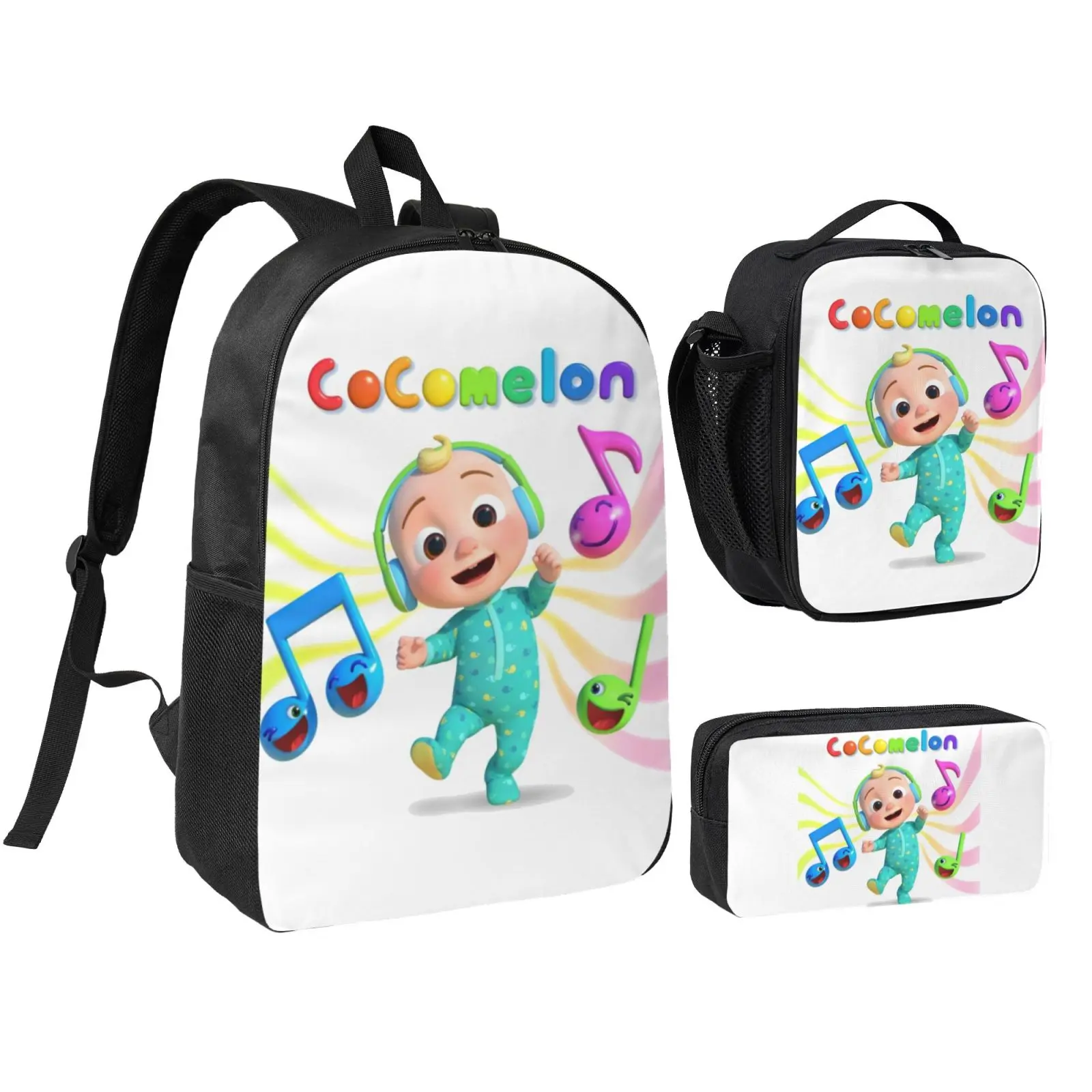 Anime Cocomelon3 backpack with lunch bag pencil box for Teen Girls Boys, 3pcs kids school bag with adjustable straps, office travel bag Bookbag lunchbox
