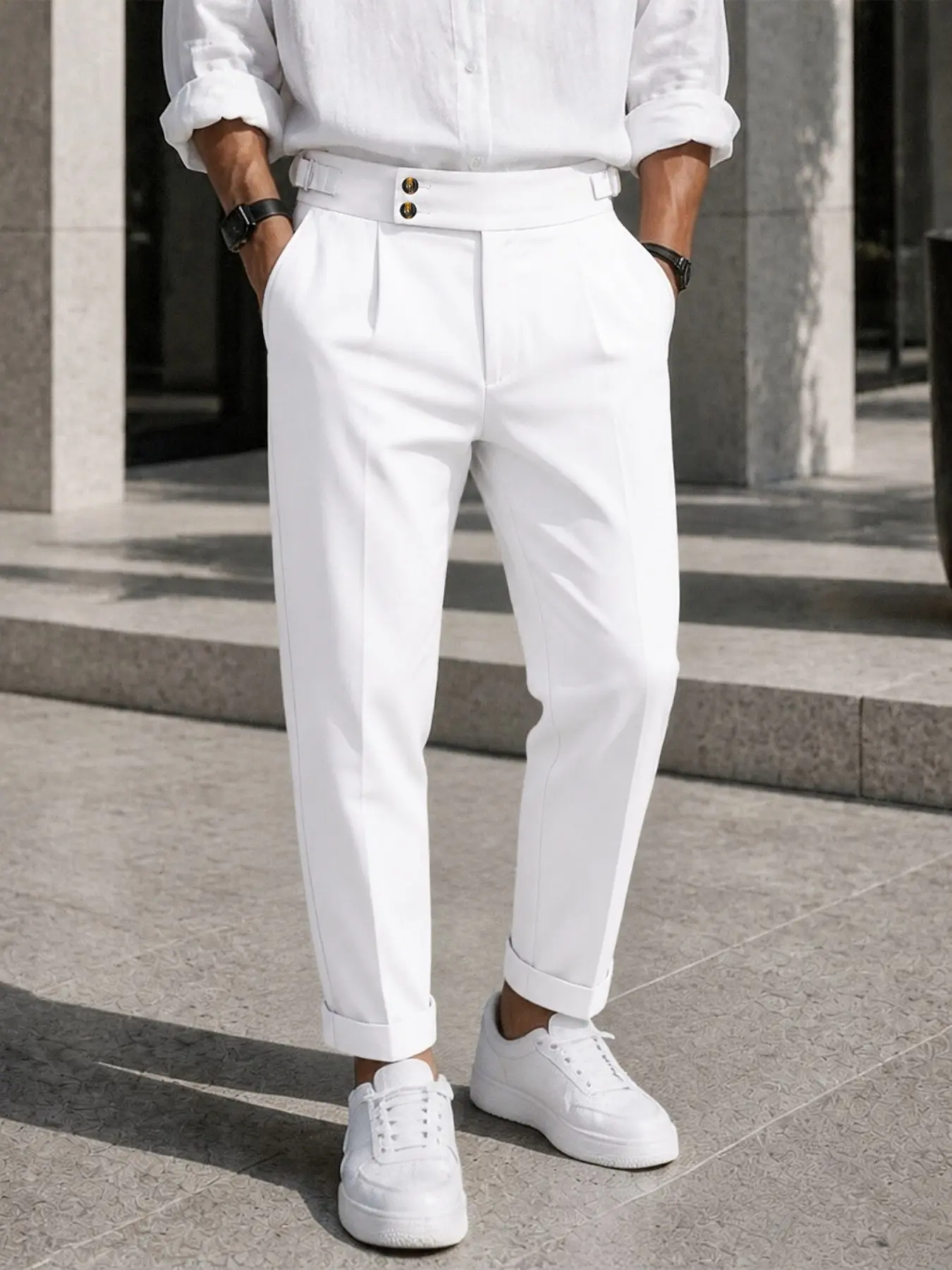 Men's Autumn New Arrival Nine-Part Suit Pants, Italian Mediterranean Business Style, High Waist, Button Fly, Ankle Length, Casual Wear, Menswear