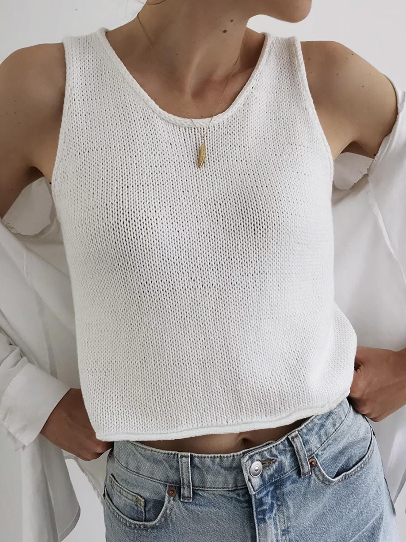 Women's Plain Round Neck Crop Sweater Vest, Casual Fitted Sleeveless Cropped Knit Top for Spring & Fall, Fashion Women's Knitwear for Daily Wear