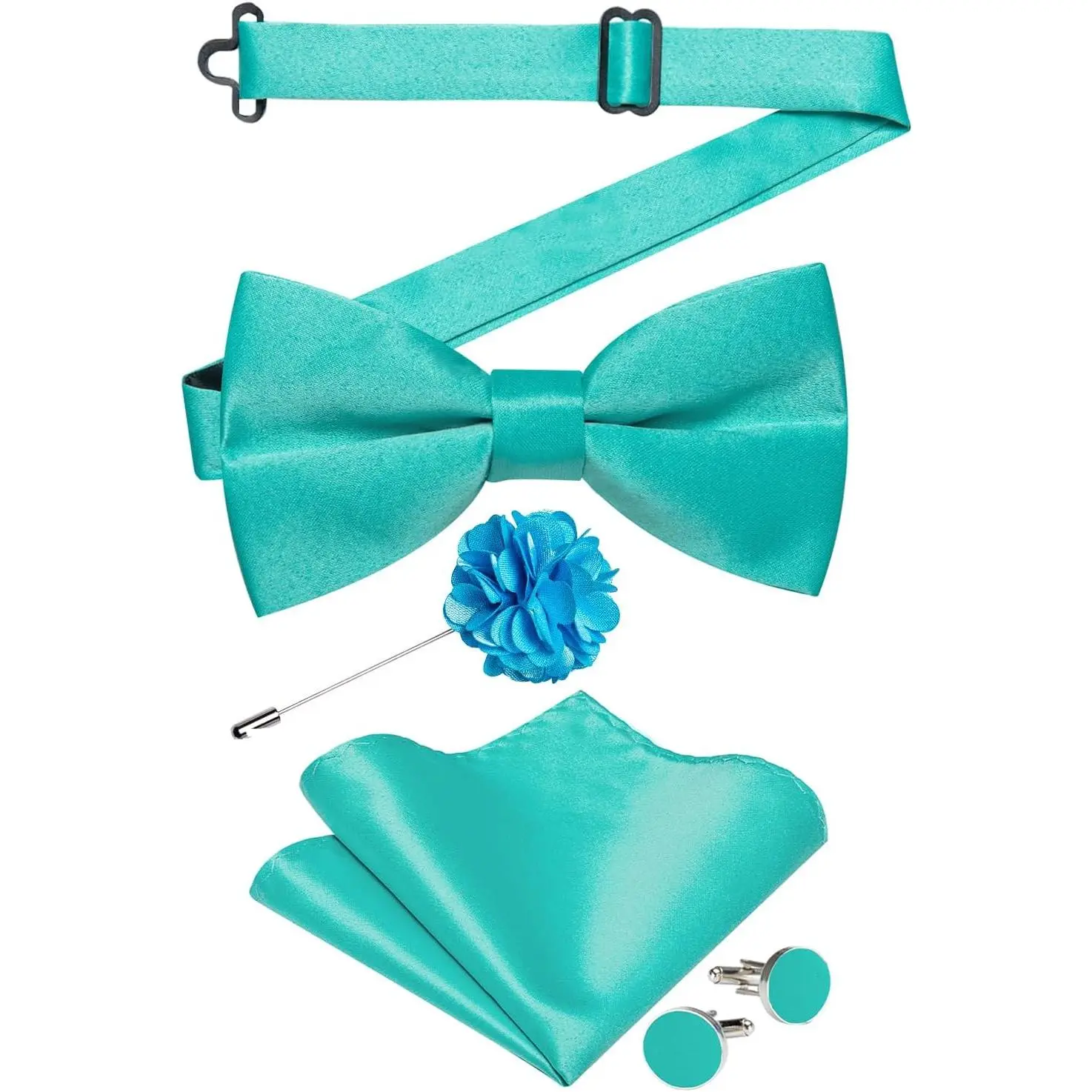 Men's Satin Bowtie Set Pack - Pre-Tied Solid Aqua Bow Tie with Pocket Square, Cufflinks & Lapel Pin, Shiny Finish for Wedding Party, Satin Finish, Male Set, Shiny Look, Traditional Wedding Style Bow Tie Sets