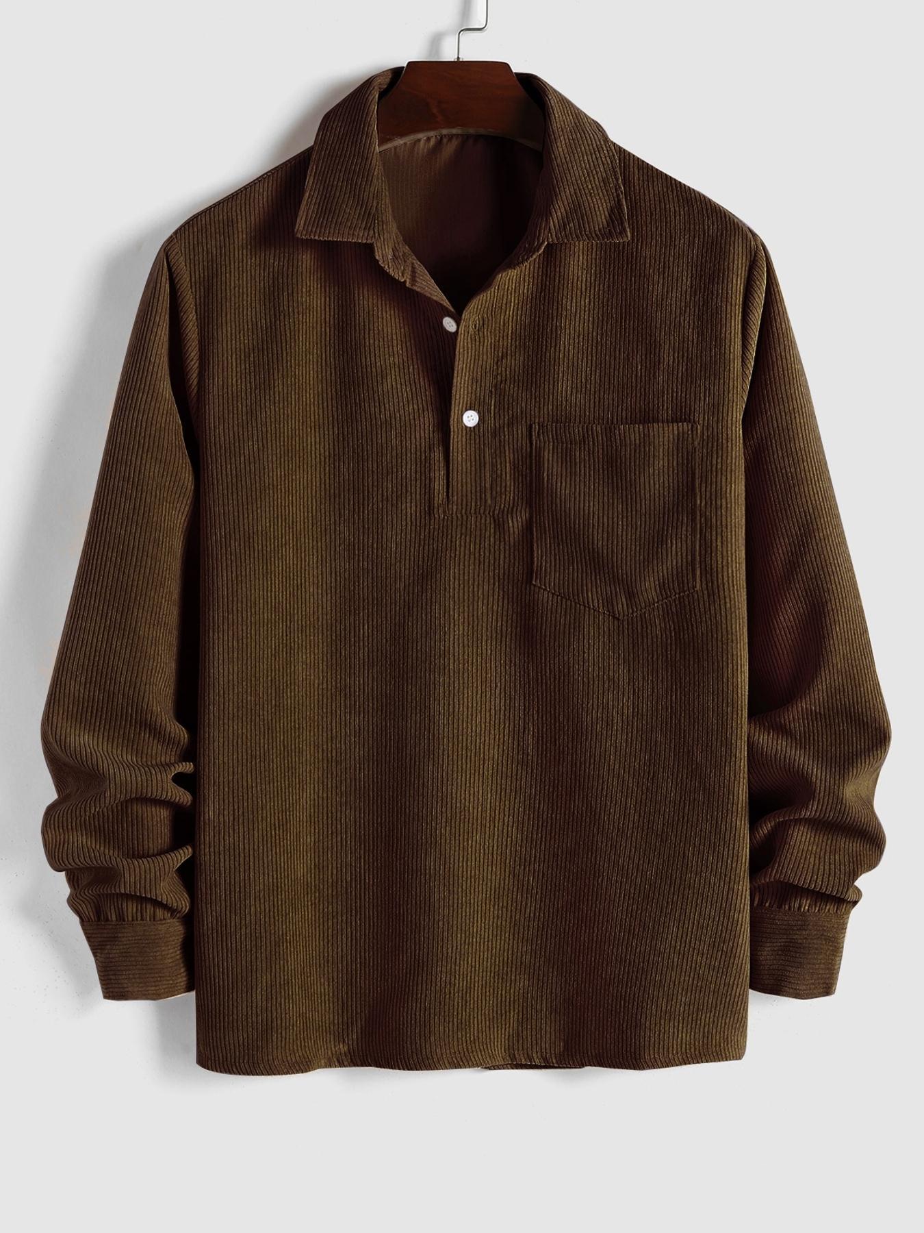 Men's Plain Pocket Half Button Corduroy Shirt, Casual Comfy Regular Fit Long Sleeve Collared Top For Fall & Winter, Men's Clothes For Daily Wear Men's Plain Pocket Half Button Corduroy Shirt, Casual Comfy Regular Fit Long Sleeve Collared Top For Fall & Winter, Men's Clothes For Daily Wear