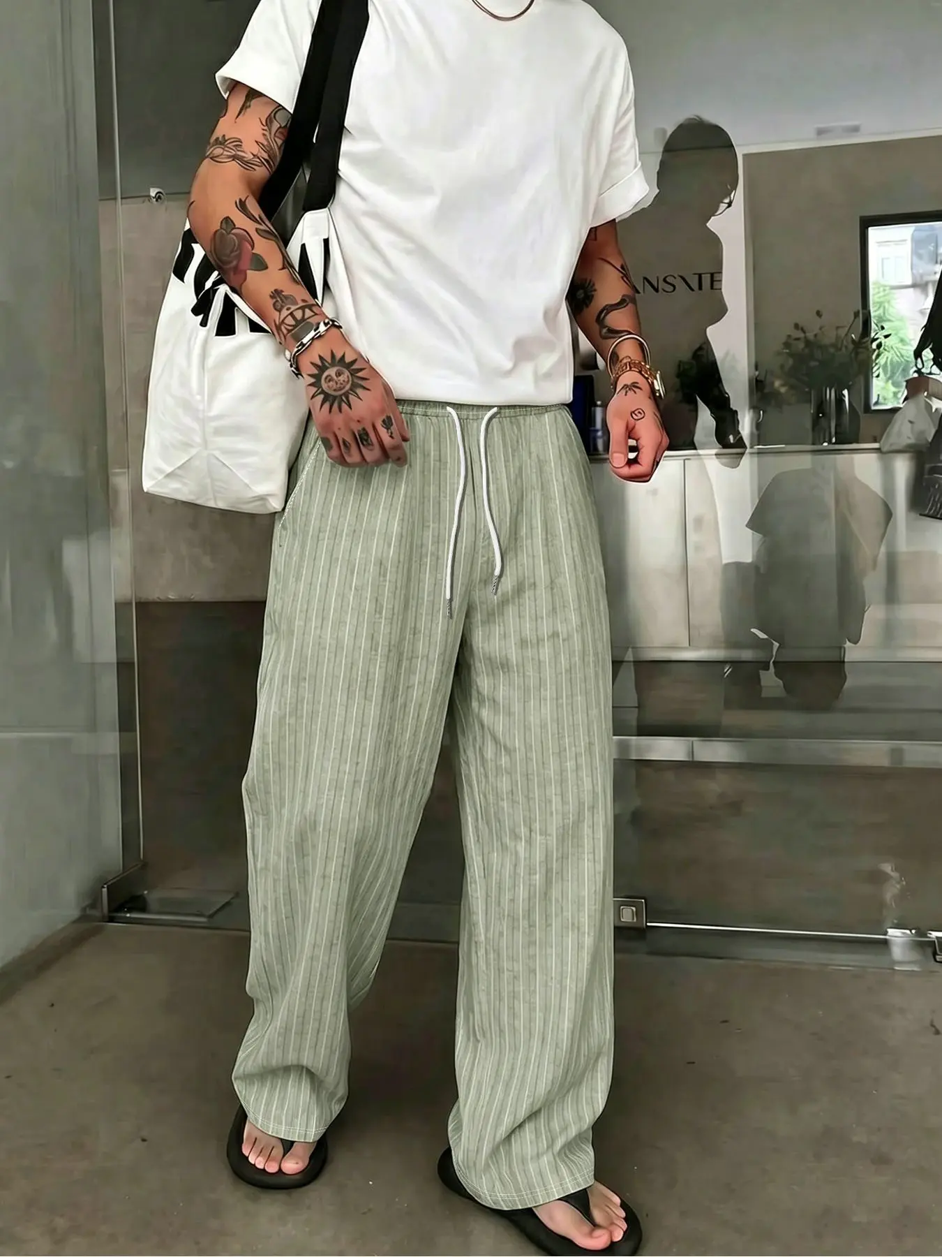 Men Vertical Striped Linen Blend Wide Leg Trousers, 2026 Summer Cityboy Urban Streetwear Casual Loose Drawstring High Waist Pants, Lightweight Breathable Wrinkle Resistant Fabric, Relaxed Baggy Flattering Silhouette, Versatile Daily Beach Travel Outfits