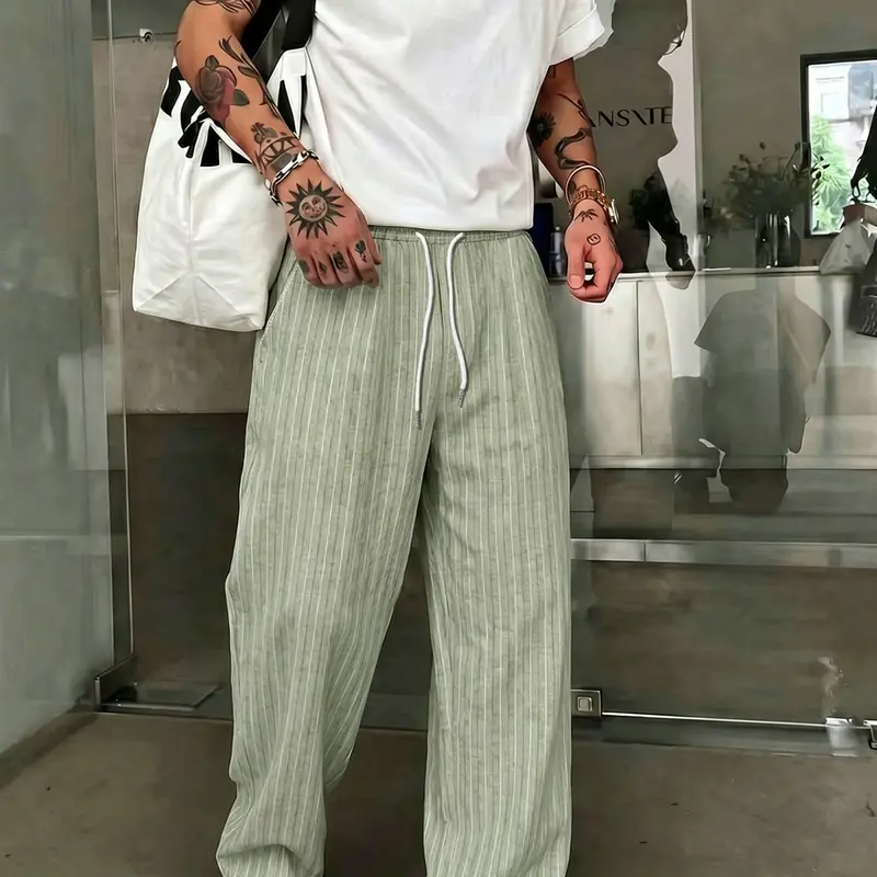 Men Vertical Striped Linen Blend Wide Leg Trousers, 2026 Summer Cityboy Urban Streetwear Casual Loose Drawstring High Waist Pants, Lightweight Breathable Wrinkle Resistant Fabric, Relaxed Baggy Flattering Silhouette, Versatile Daily Beach Travel Outfits