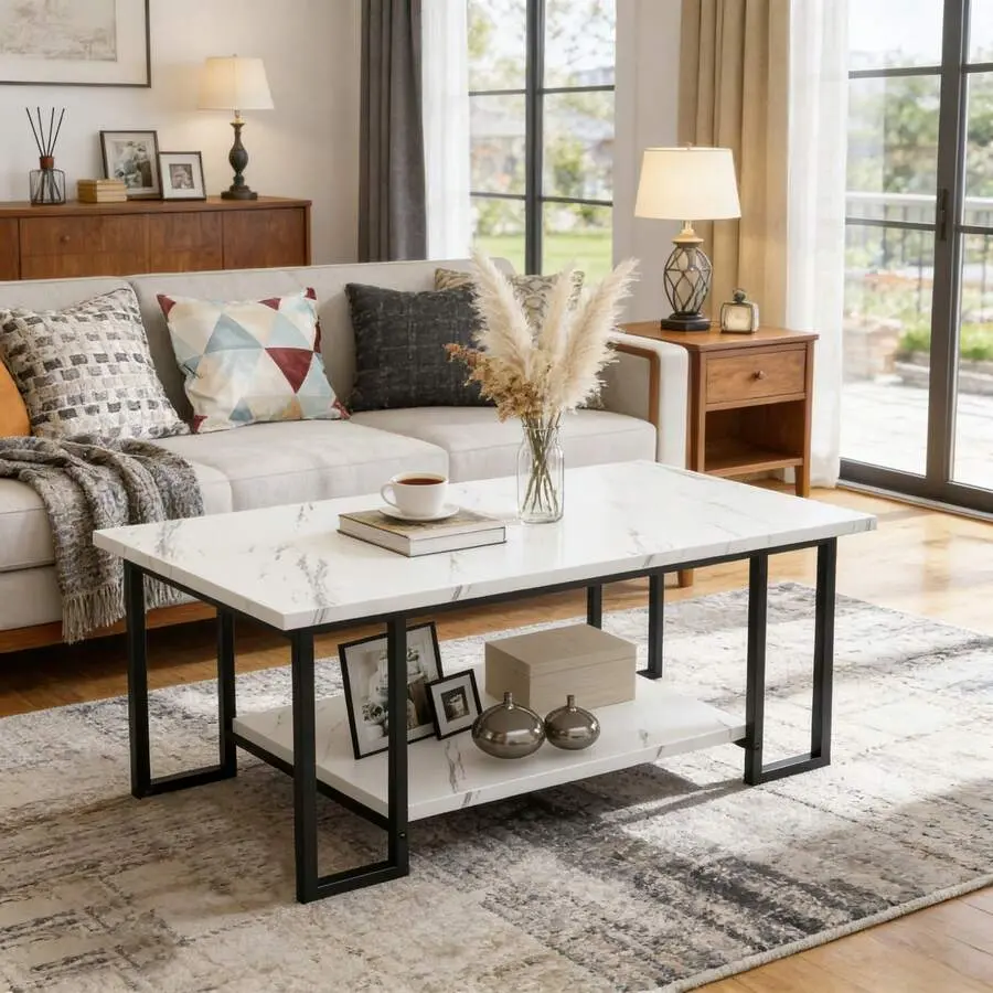 Coffee Table With Storage Shelf, Modern 2-Tier Faux Living Room Table, Small Rectangle Tea Table, Space Saving Living Room Furniture Bedroom Home Office