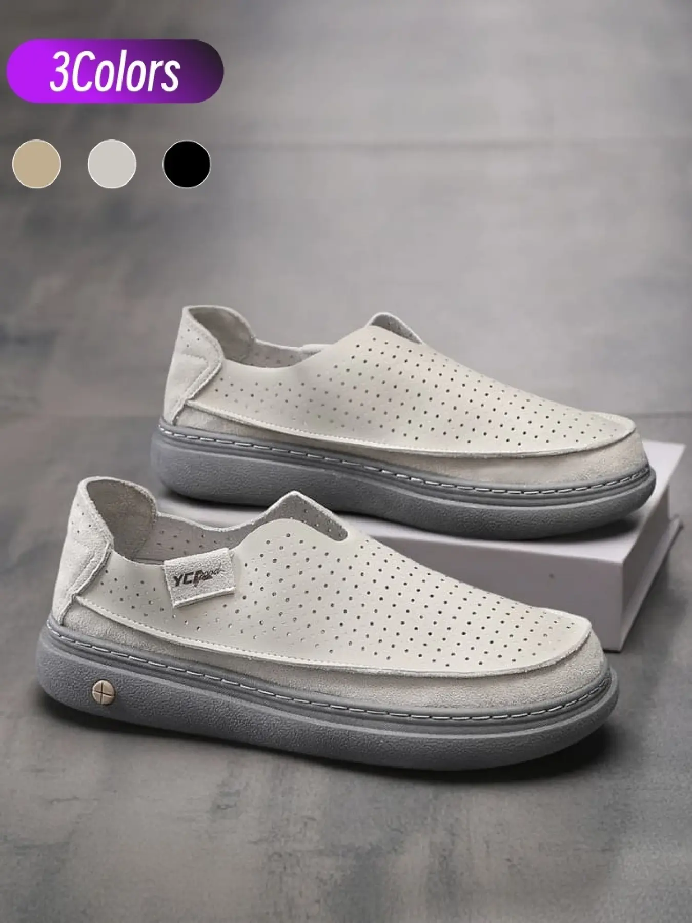 1 Pair Men Perforated Breathable Slip-on Thick Sole Loafers Footwear, American Retro Casual Style Spliced Leather, Full-hole Ventilation To Keep Feet Dry, Thick Heightening Anti-slip PVC Flat Sole, Lazy Casual Shoes For Commute Walking Daily Wear