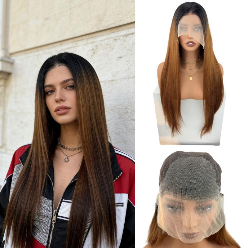 Front lace wig for women, long straight hair, no bangs, available in multiple colors, high-end and realistic