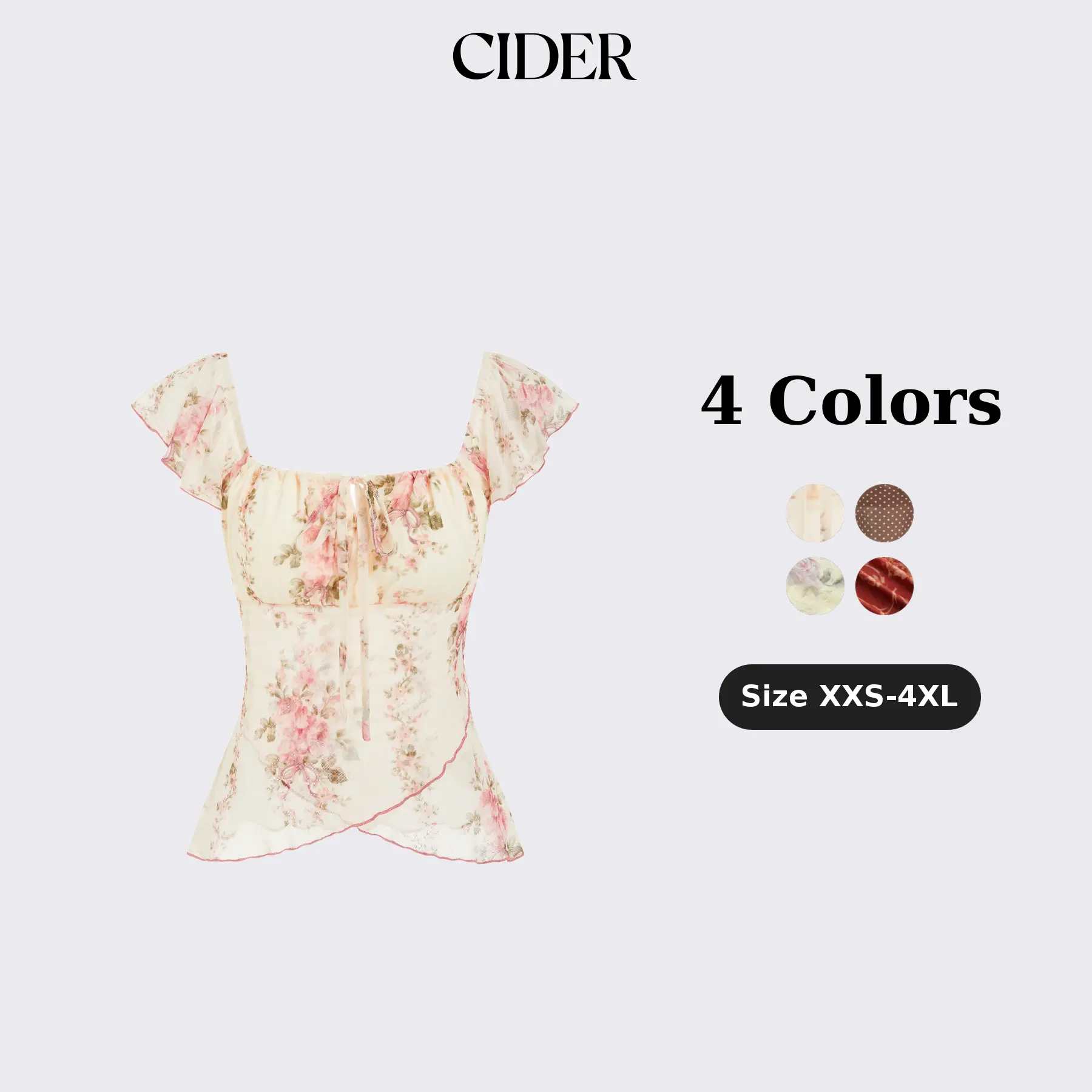 Cider Chiffon Floral Square Neck Twist Knotted Ruffle Sleeve Crop Top