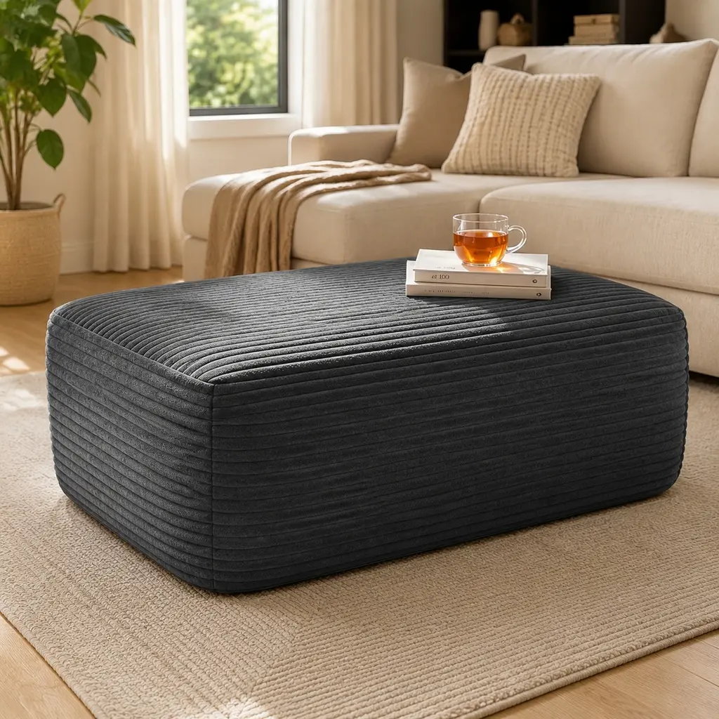 ARCH Grey Plush Corduroy Ottoman Footstool for Living Room, No Assembly Required, 29.13W x 37.01D x 16.54H in, Fabric Foam Spring, Single Box Product, Comfy Foot Rest Stool, Grey Color Options, Fabric/Foam+Spring Material, Product Dimensions: 29.13
