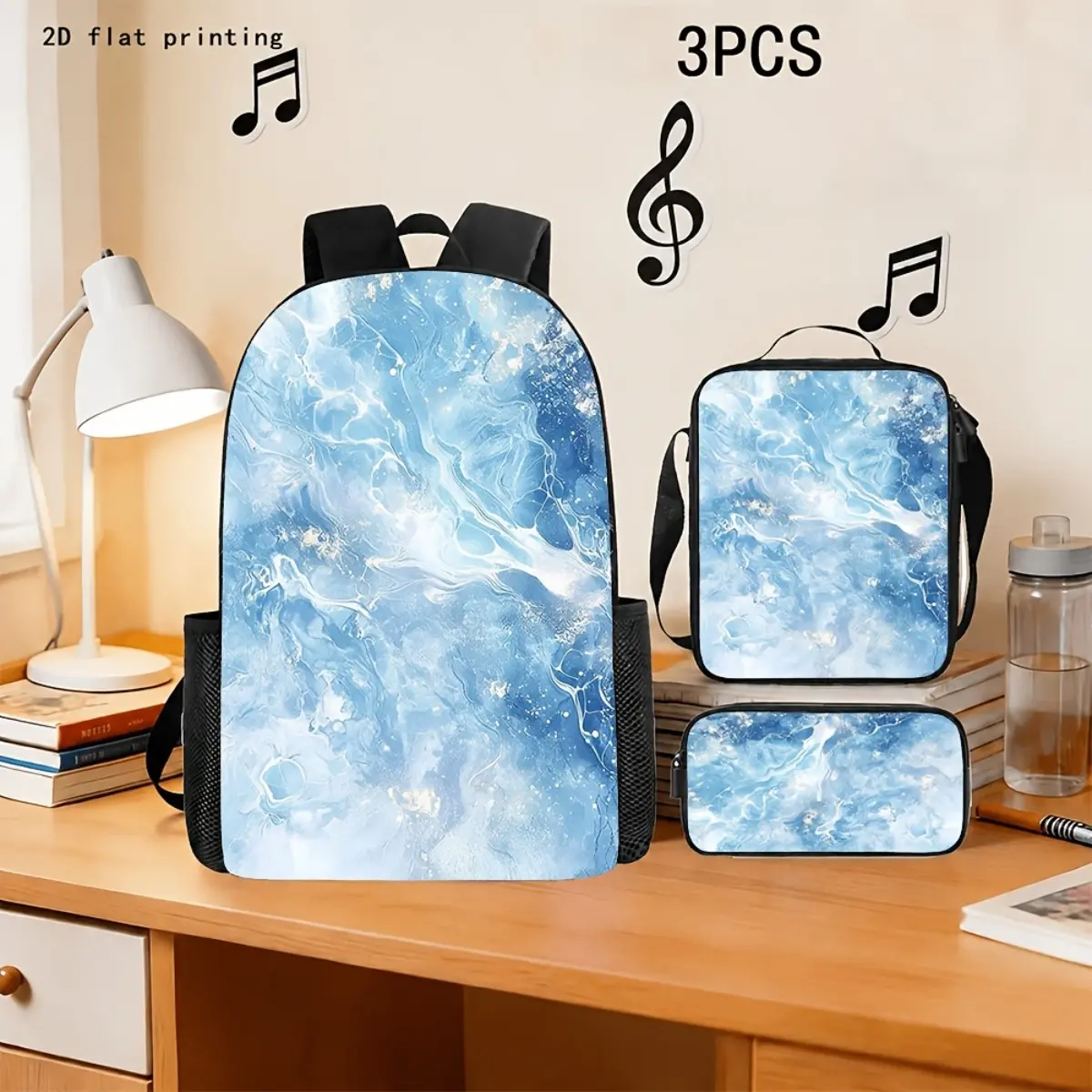 3pcs Marble Student Backpack Set Large Capacity School Bag with Adjustable Strap Lunch Bag and Pencil Case, for Teenager