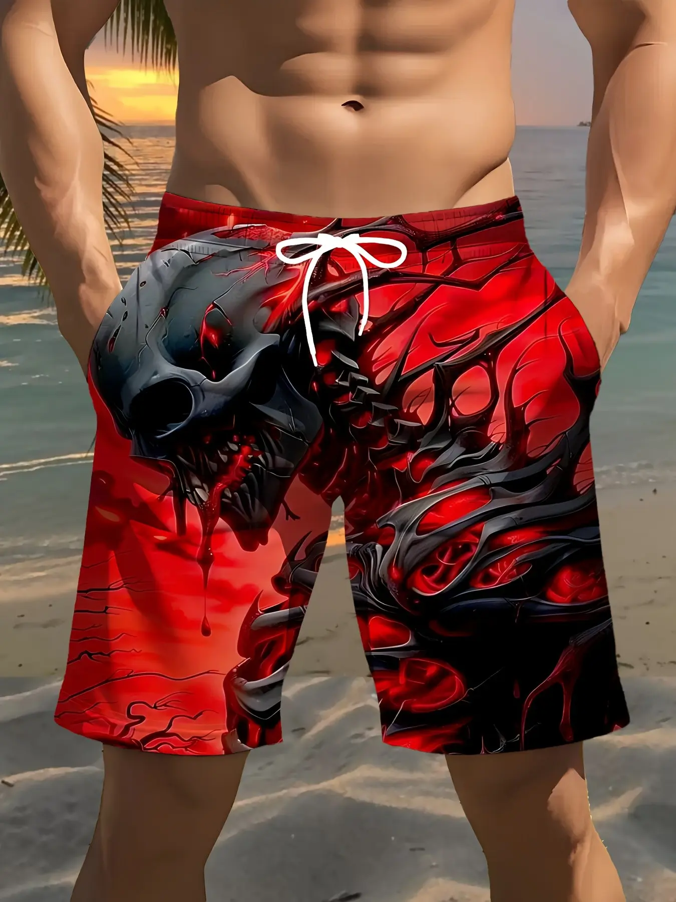 Men's Quick-Dry Beach Shorts, Gothic Horror Print, Loose-Fit, Drawstring Waist, Pockets, Blood Base, Skull Design, Beach Trunks, Summer Swim Bottoms