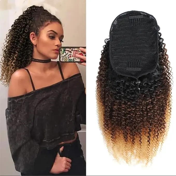 Women's Remy Human Hair Afro Kinky Curly Drawstring Ponytail Extension, 3-Tone Ombre Clip-in Weave, T1B/4/27, 100g, 8-26 Inches