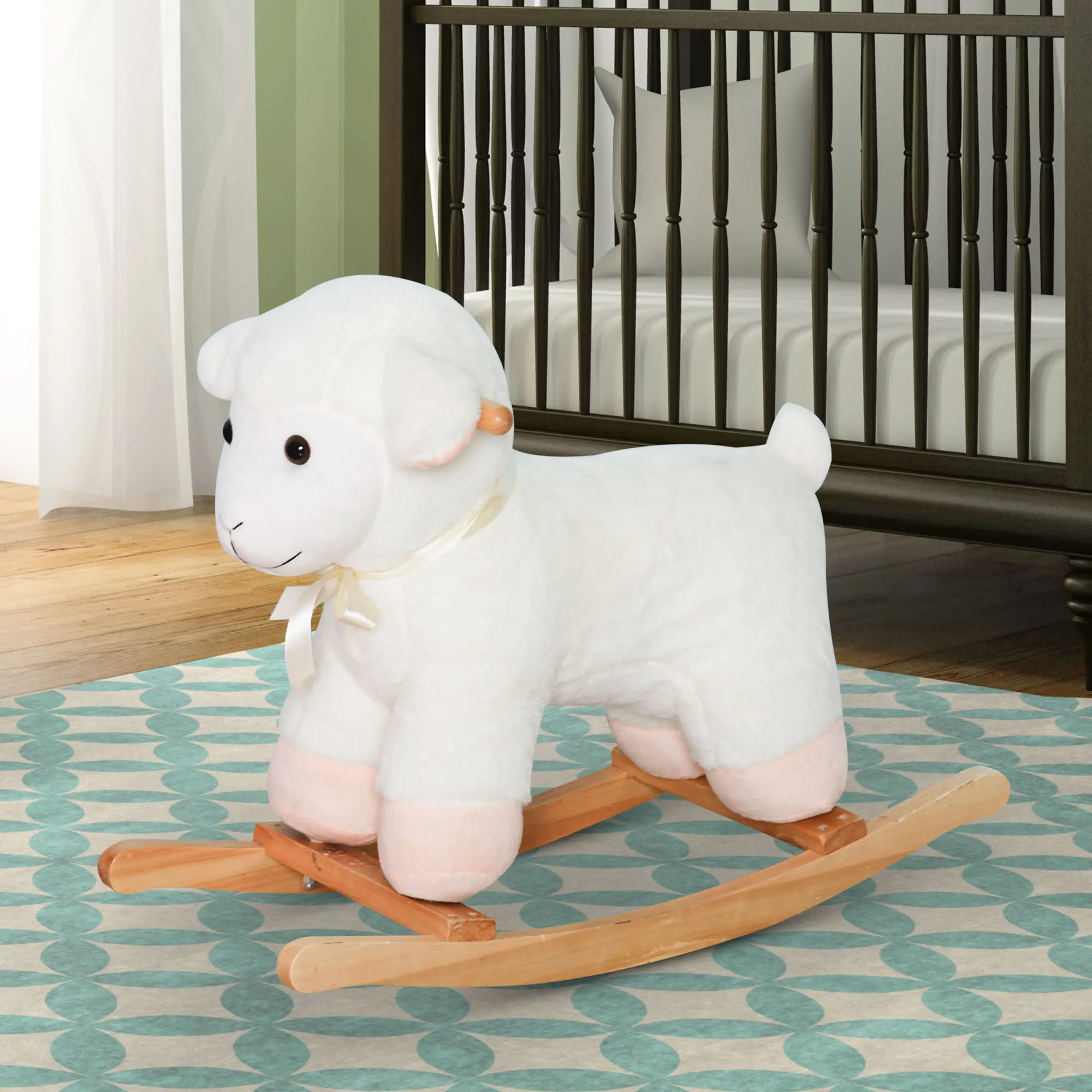 Lamb Rocking Horse Sheep, Nursery Stuffed Animal Ride On Rocker For Kids, Wooden Plush, White