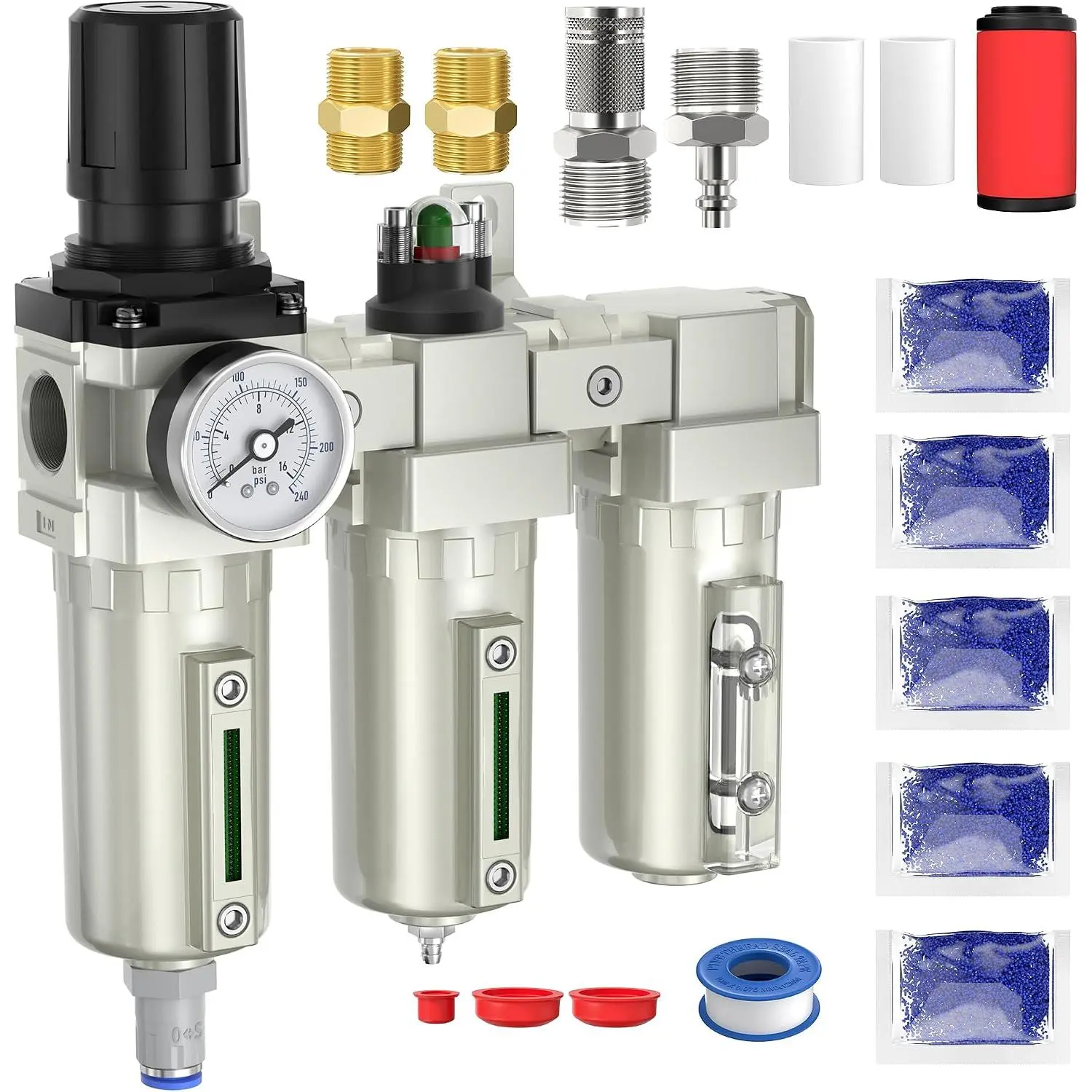 3/4" NPT Air Compressor Water Separator, Industrial Grade 3 Stage Air Drying System with 0-240 PSI Air Regulator, Particulate Filter, Coalescing Filter, Desiccant Dryer, Metal Bowl, Auto Drain