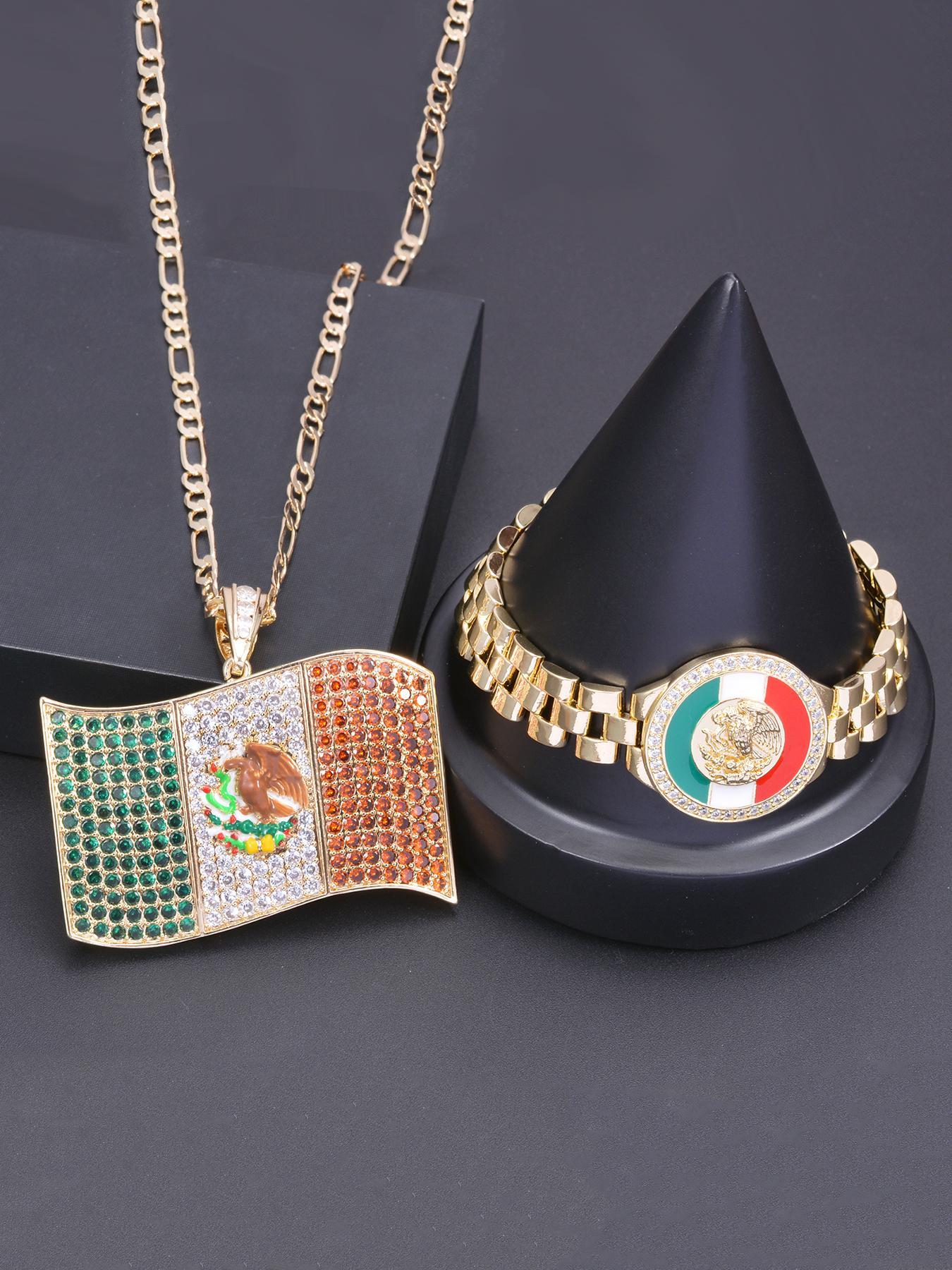Punk Style Mexican Flag Design Pendant Necklace & Bracelet, Fashion Jewelry Set for Party, Daily Decor, Trendy Hip Hop Jewelry Set for Birthday Gift