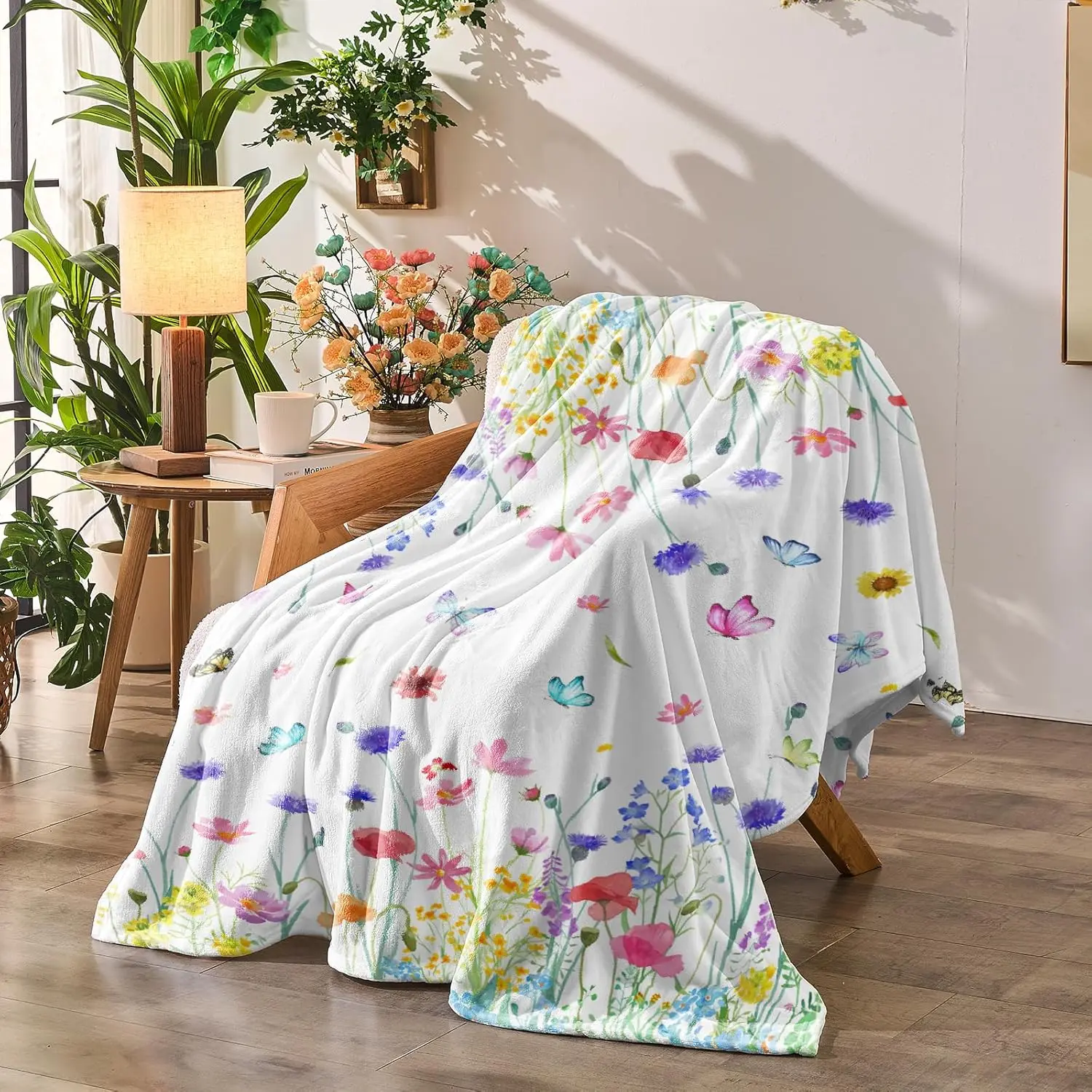 Back to School Butterfly Blanket Floral Throw Blanket Birthday Gift for Women Mom s Butterfly Flowers Blanket Summer Wildflower Flannel Blanket Watercolor Printed Throw,Lightweight Blanket Sofa Blanket Car Blanket Office Blanket Naps Blanket Camping